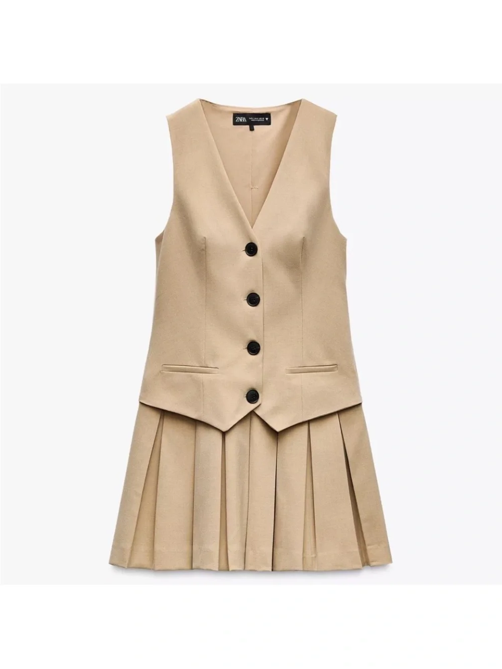 zara pleated vest dress ZARA NEW SET OF BUTTONED VEST & MIXED PLEATED KNIT SKIRT BROWN S,M,L